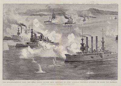La Guerra Hispanoamericana, la Gran Batalla Naval cerca de Santiago de Cuba, el intento del Almirante Cervera de salir del puerto de William Lionel Wyllie